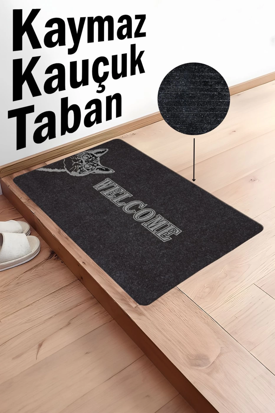Kedi Welcome Kauçuk Tabanlı Kapı Önü Paspası