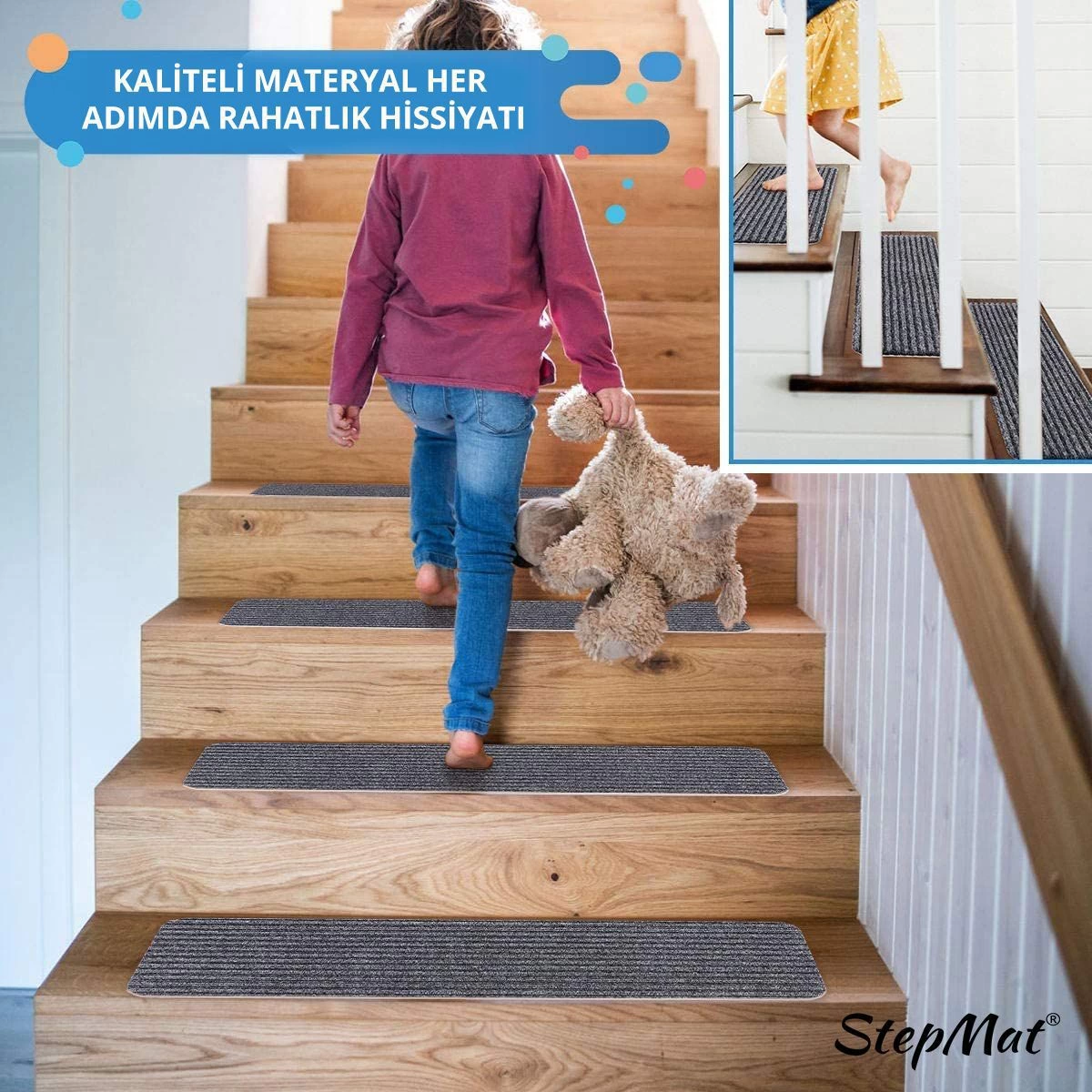 Stepmat Kaymaz Tabanlı ve Yıkanabilir Merdiven Basamak Halısı